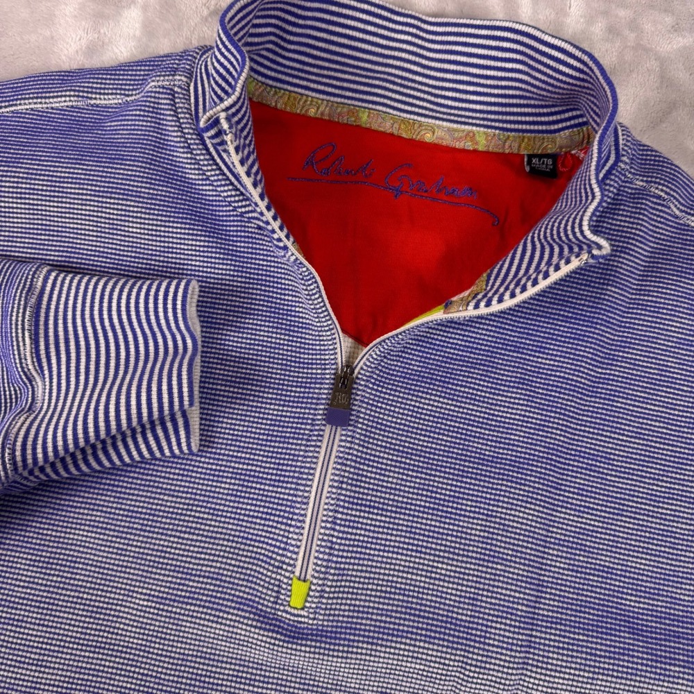 Robert Graham Waffle Knit Quarter Zip Pullover Sweater Men XL Blue White Striped